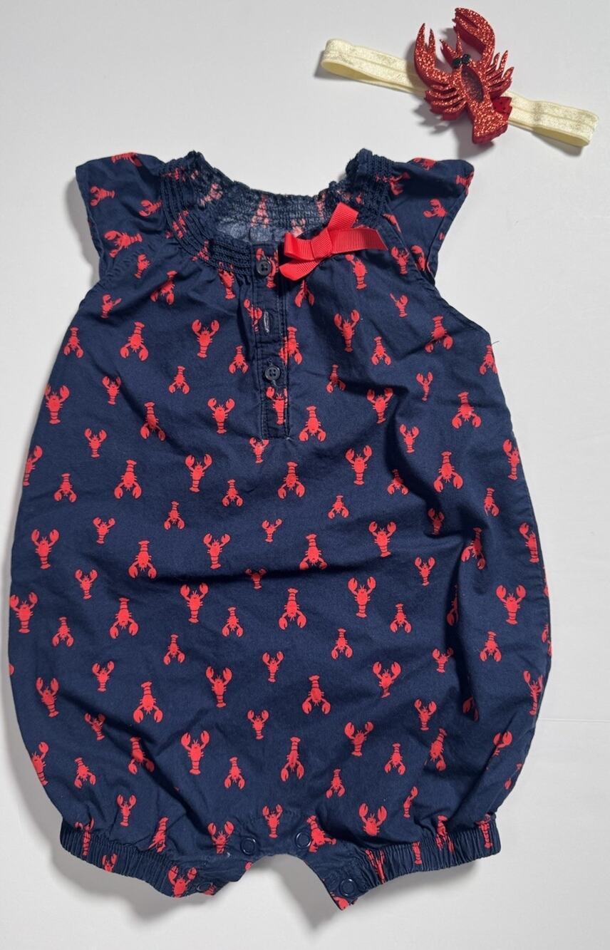 Just One You Carter’s Baby Girl Lobster Print Bubble Romper 6M Headband